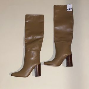 Zara Tan Leather Heeled Boots